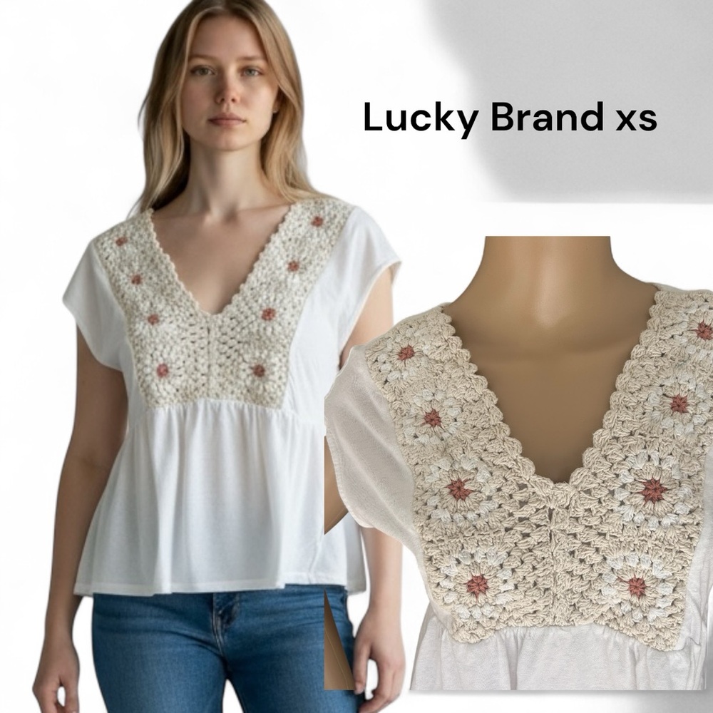 Lucky Brand Crochet Yoke Boho Peplum Top White XS